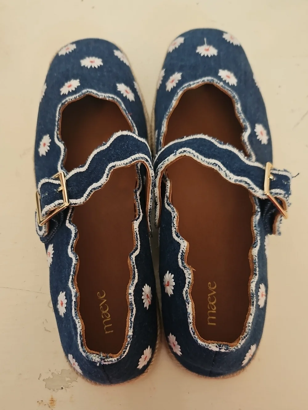 Maeve Denim Daisy Embroidered Espadrille Mary Jane Flats, NWT w/ Box, 38